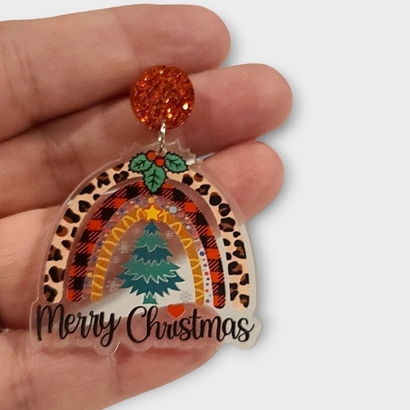 Leopard Print Plaid Merry Christmas Rainbow Dangle Fashion Earrings - Picture 6 of 10